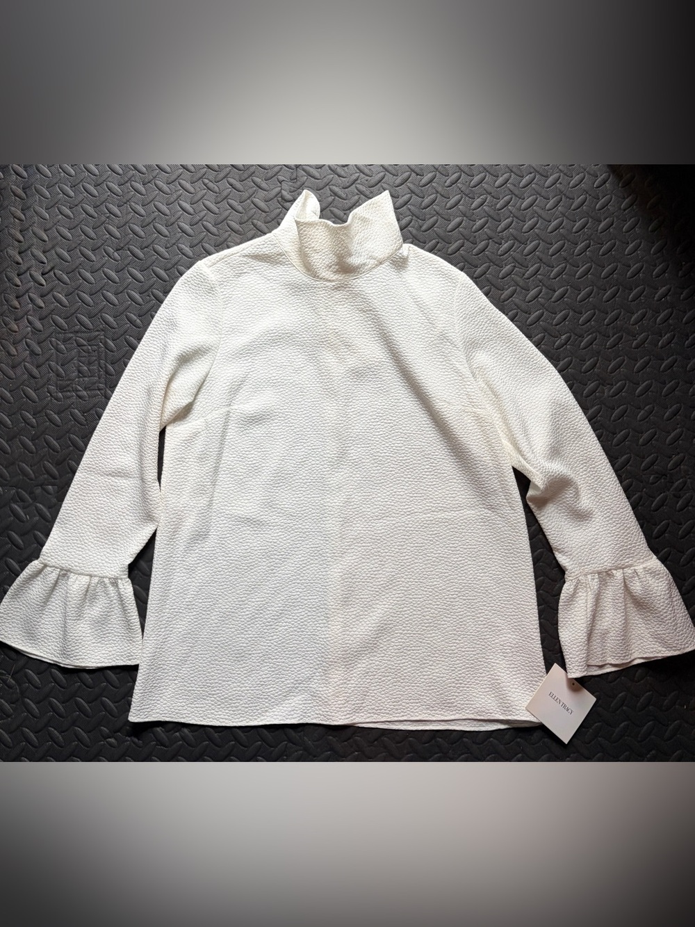 Ellen Tracy Cream Textured Mock Neck Long Sleeve Top with Ruffle Cuffs